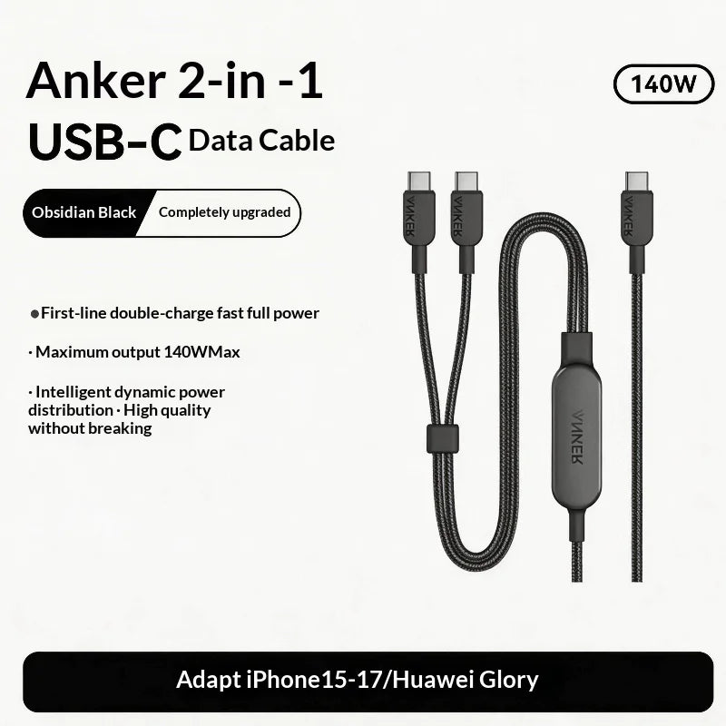 Anker 2 In 1 Dual Type C 140w Pd Fast Charging Cable Nylon Braided Compatible For Different Smartphones Suitable In Car Office