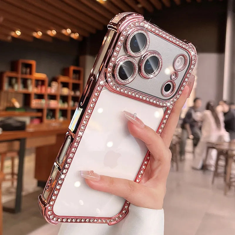Luxury Bling Diamond Bumper Camera Protection Case For iPhone 17 16 15 14 13 Pro Max Airbag Anti-knock Transparent Soft Cover