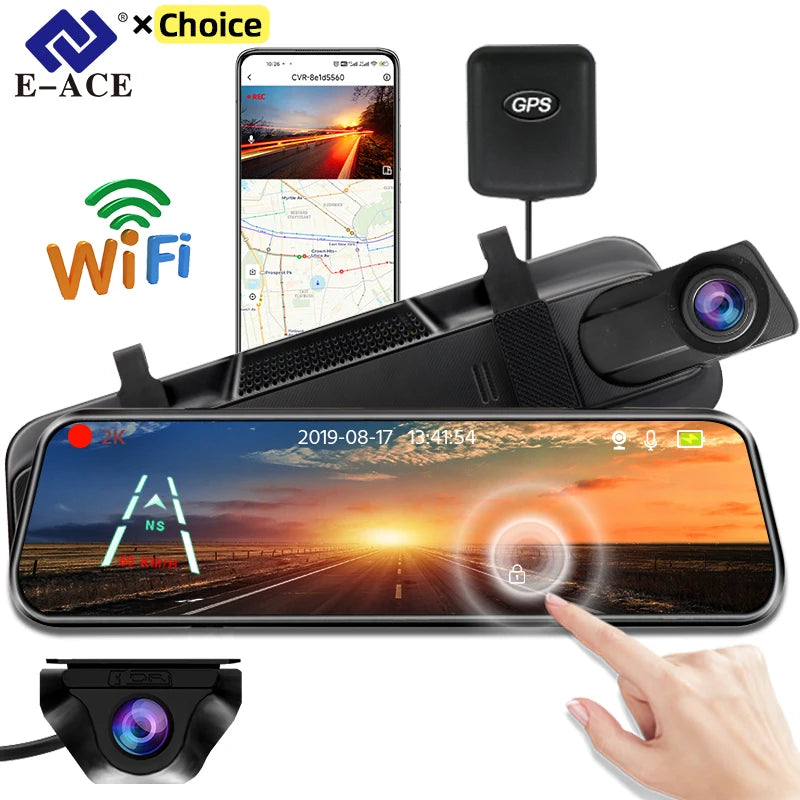 E-ACE 2K Car DVR WIFI GPS Stream Media Mirror Optional 1080P Car Video Camera Night Vision Loop Recording 24H Parking Black Box Car Mobile World