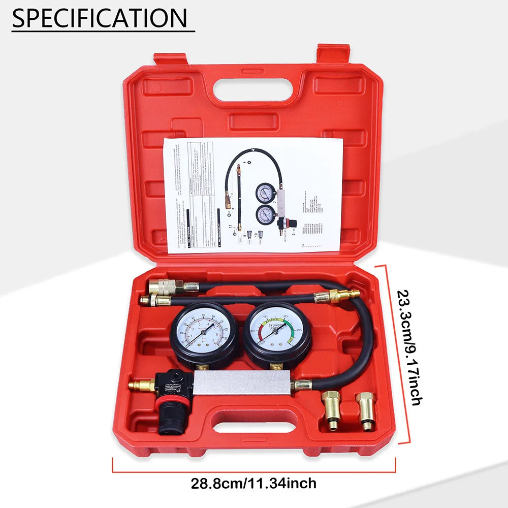 Cylinder Leak Down Tester Kit, Engine Cylinder Leakage Detector Dual Pressure Gauges 0‑40PSI, Compression Leak Test Tool for Car Truck Petrol Engine, with Quick Connect Fittings for Piston Ring, Valve, Head Gasket