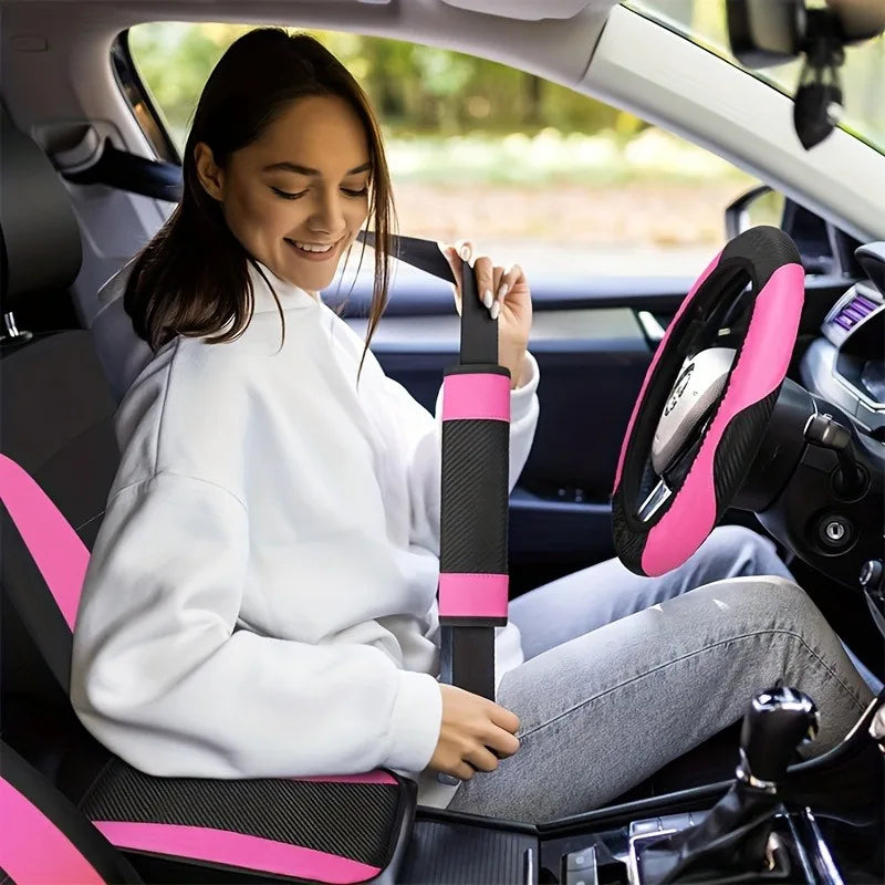 Women's Car Interior 37-Piece Set - Polyester Seat Covers, PU Steering Wheel Cover, Shoulder Pads, Decorative Strips  etc CM World