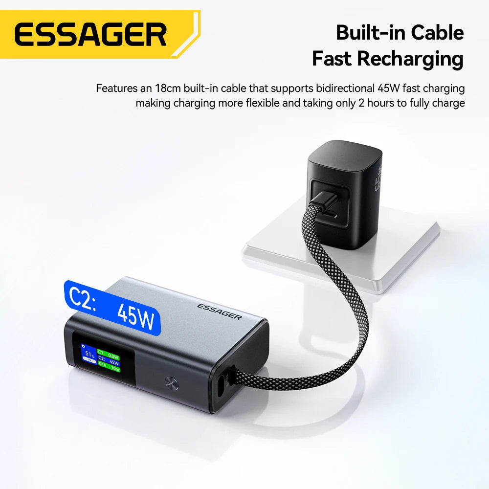 Essager 45W Power Bank 10000mAh Built-In USB-C Cable Portable Fast Charging External Battery for iPhone 17 16 15 Samsung S26 S25 Car Mobile World