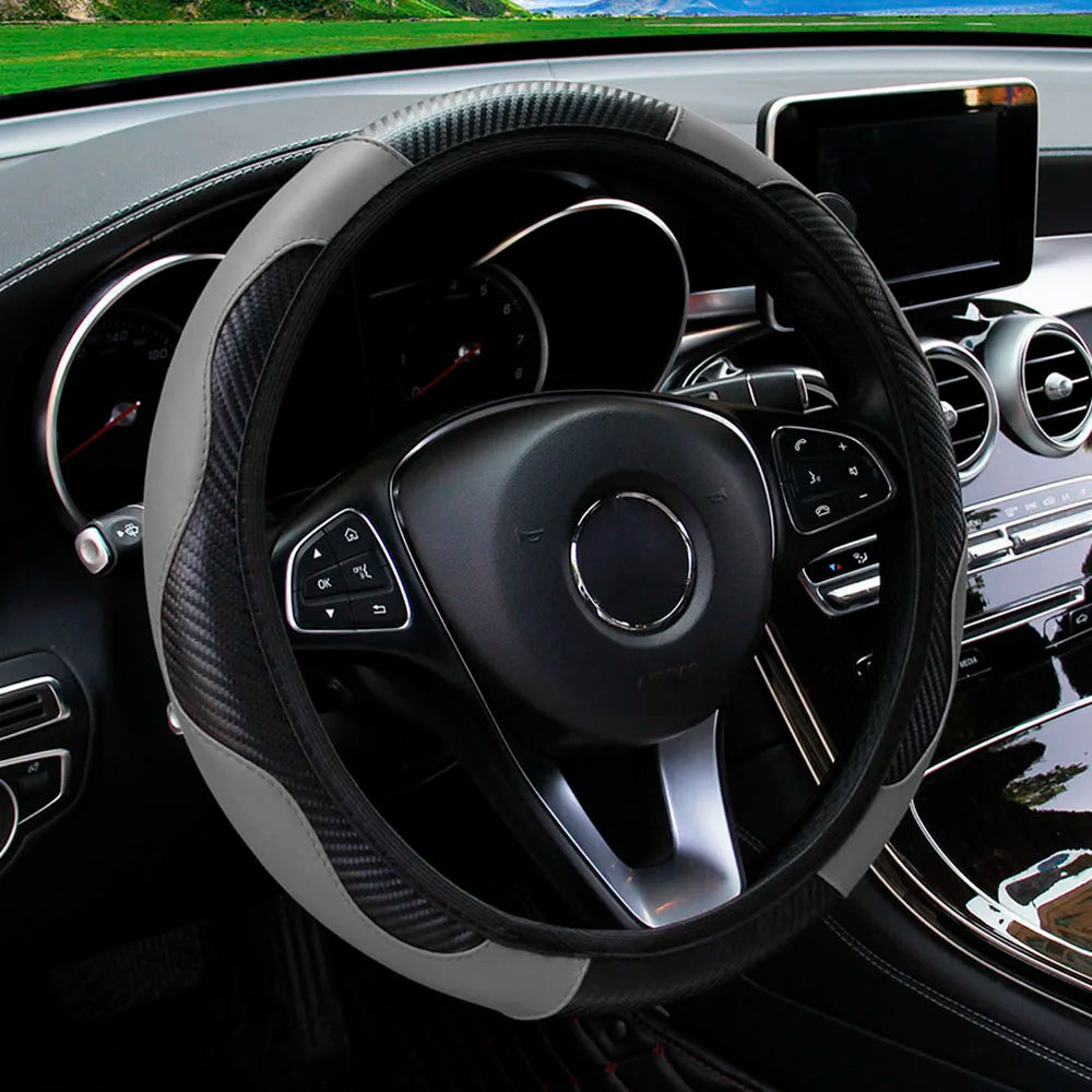 PU Carbon Fiber Leather Car Steering Wheel Cover without Inner Ring Suitable for 14.5-15 Inches of Automotive Supplies CM World