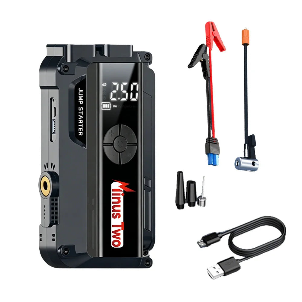 Car Jump Starter with Air Compressor, 8000mAh Battery Booster Power Bank 12V Petrol Diesel Car Emergency Kit with LED Light