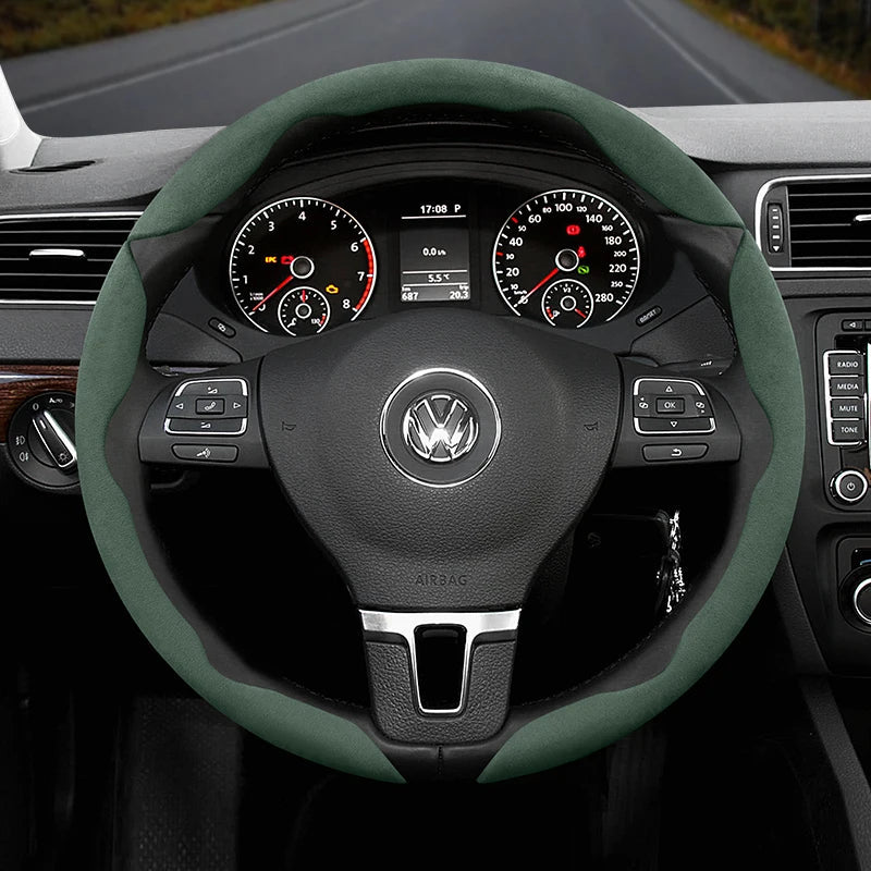Suitable for Volkswagen Anti-Slip Buckle Segmented Suede Steering Wheel Cover Suitable for Polo Golf 5 6 7 Gol Cc Passat B6 B8 Jetta Scirocco T4 Crafter Taigo up Santana Nivus Tcros G3 Caddy Tiguan CM World