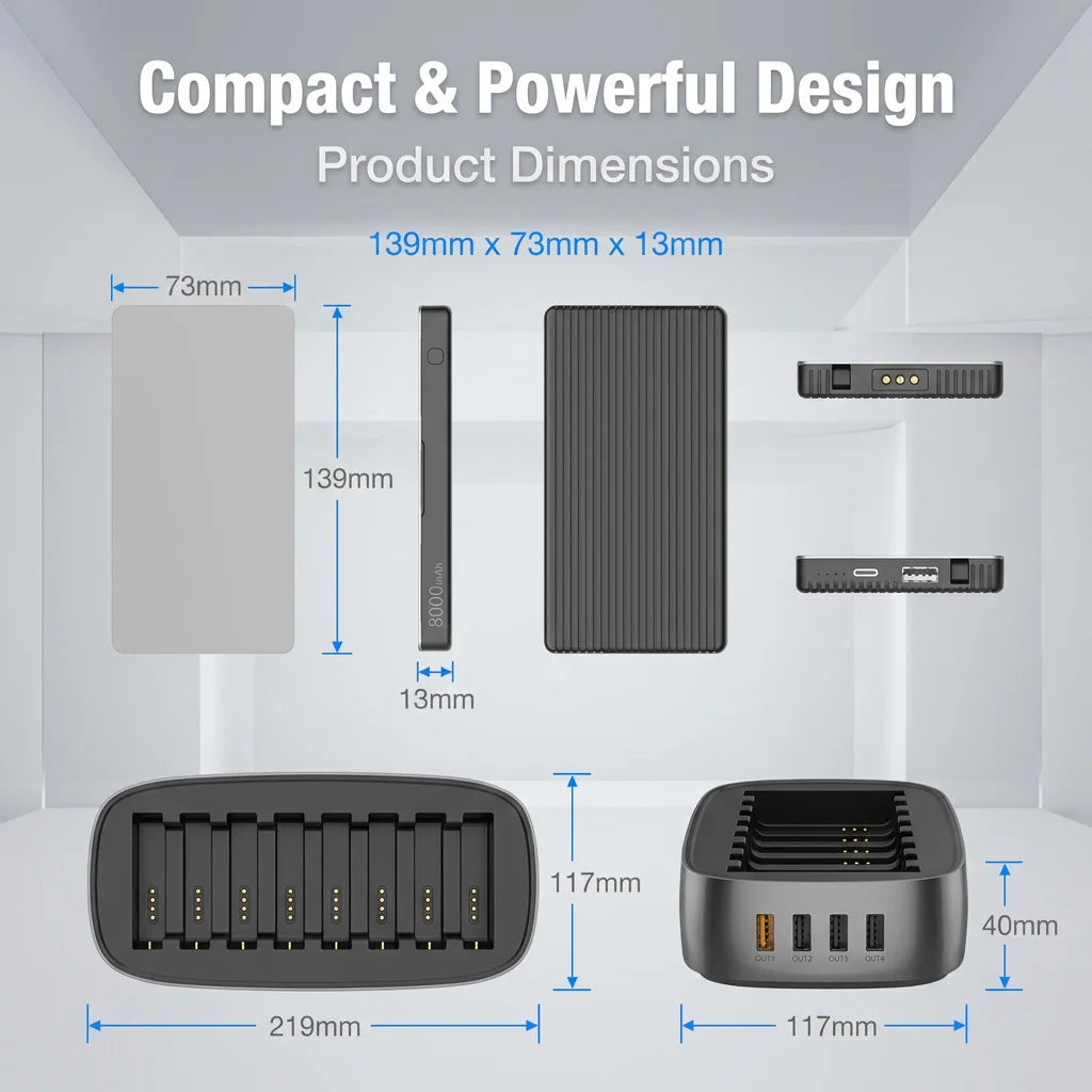 Domars Portable Shared Power Banks 8pcs 8000mAh 22.5W Fast Charging Built-in Charging Cable Suitable for Offices and Cafes