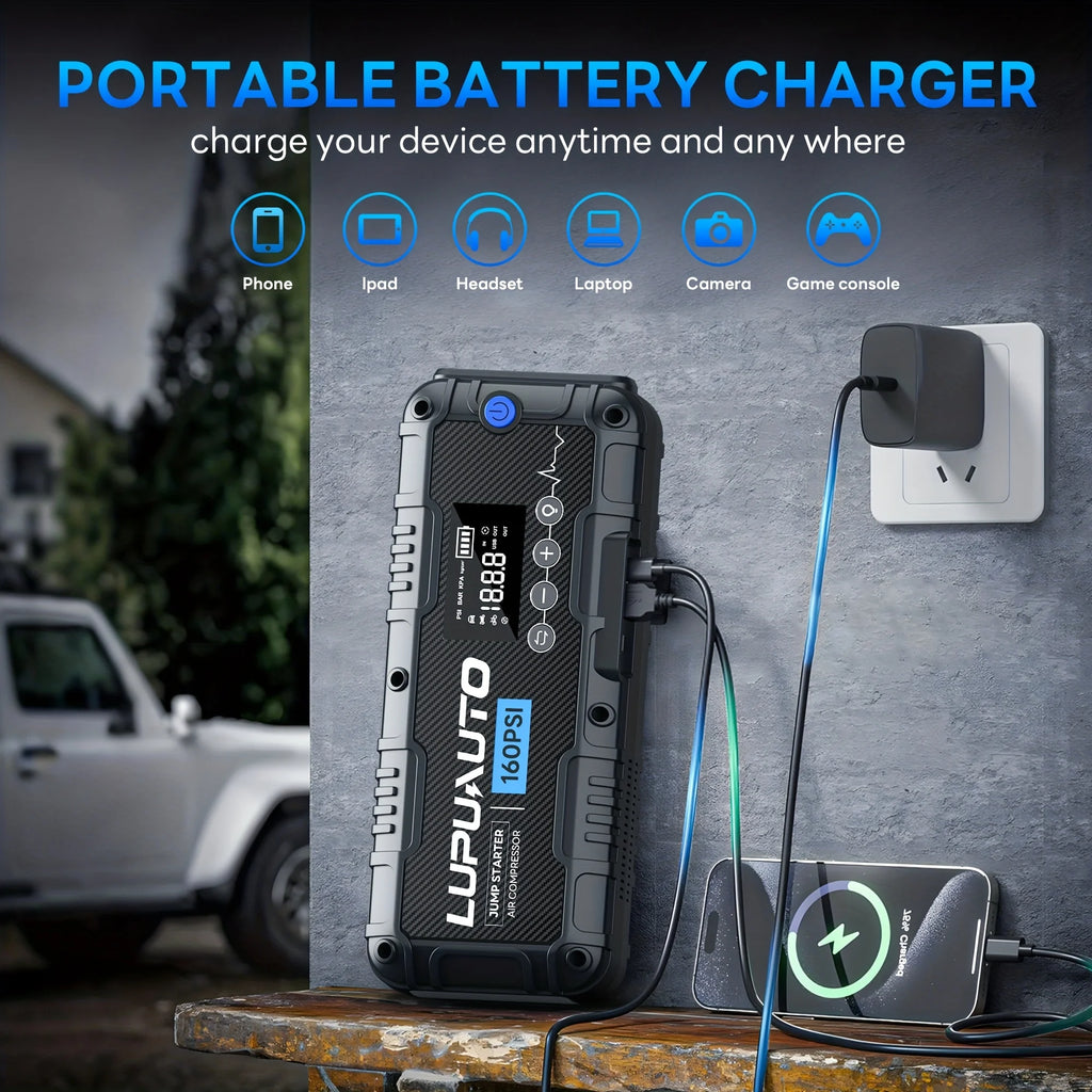 7000A Car Jump Starter With Air Compressor Booster Tyre Inflator Portable Car Battery Power Bank LED Flashlight Smart Cable