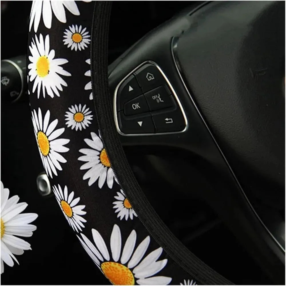 Car Steering Wheel Cover Universal 15 Inch Daisy Anti Slip Steering Wheel Cover Suitable for All Seasons Breathable Comfortable
