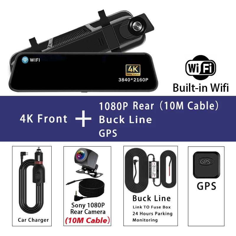 10 Inch 4K 2160P Dash Cam Wifi GPS Car Dvr Dual Lens Dashcam Stream Rear View Mirror IPS Video Drive Recorder Camera Registrar