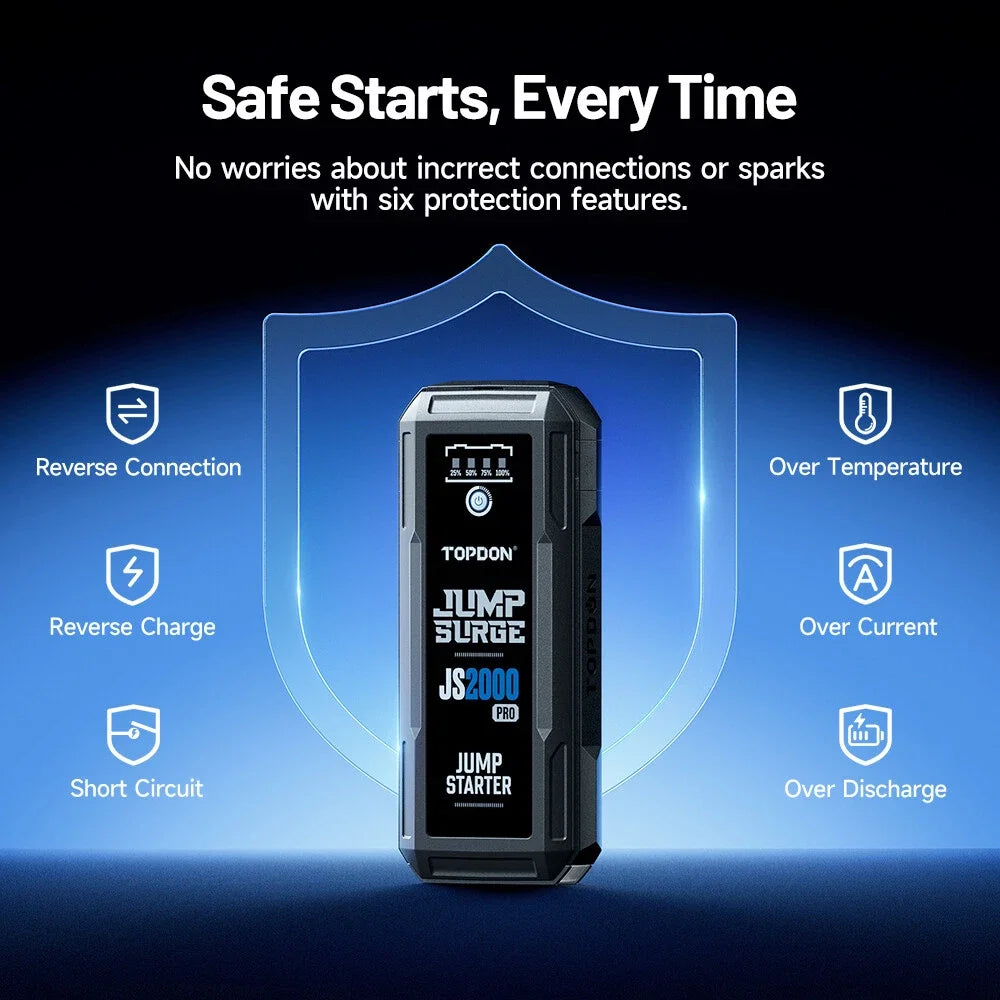 Topdon JS2000PRO 2500A Jump Starter Power Bank 12V Car Starting Device 16000Mah Battery Jump Start for Car Booster