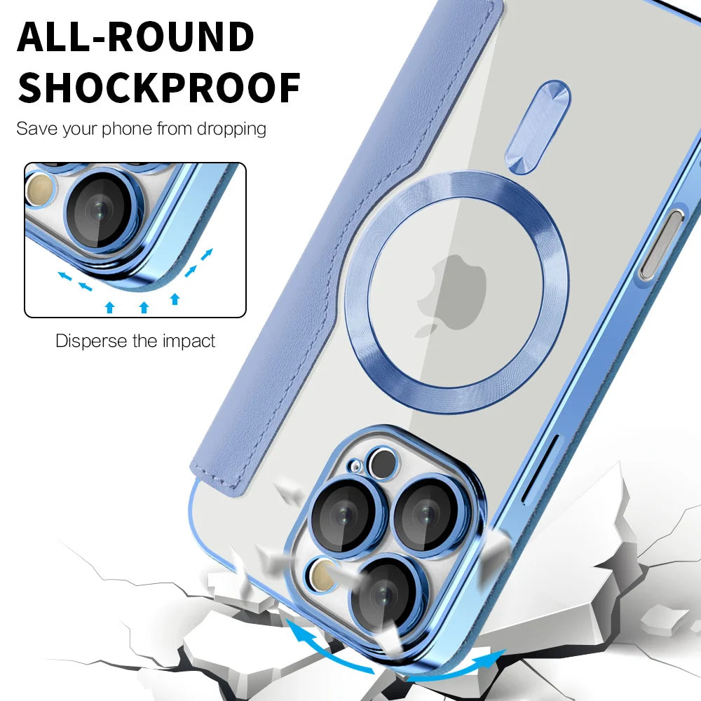 Luxury Transparent Flip Leather Wallet Magnetic Phone Case For iPhone 15 16 17 18 Pro Max 14 13 12 11 Card Bag For Magsafe Cover