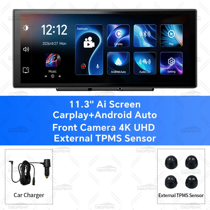 11.3" K5 Pro TPMS Sensors 4K Rear View Dash Cam Carplay & Android Auto WiFi AUX BT Car Drive Recorder GPS Navigation Dual Lens