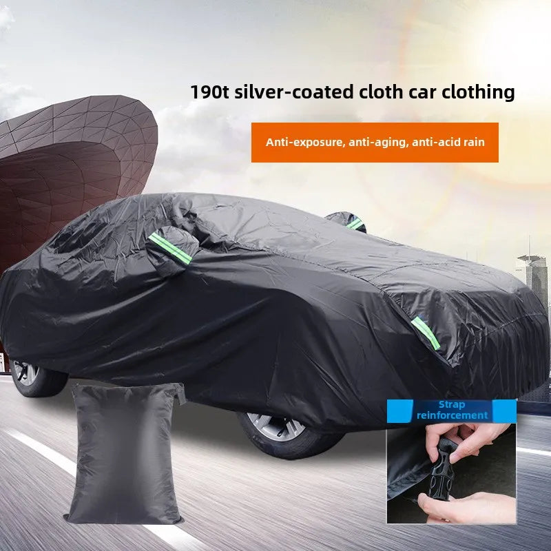 Black Silver Coated Car Cover Rainproof Sunscreen Reflective Strip Outdoor Dustproof Protection for Hatchback Sedan SUV