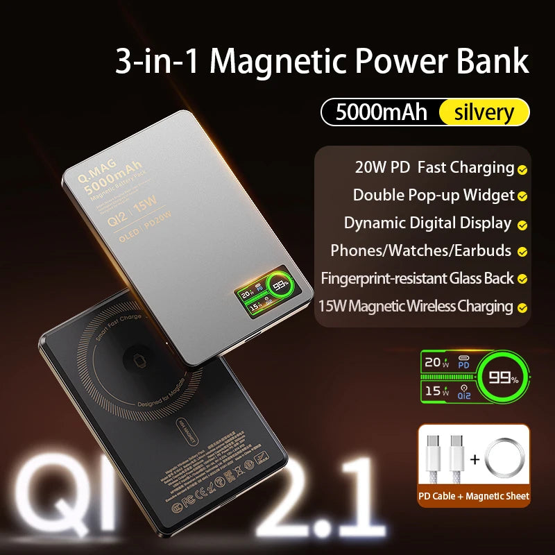 QI 2.1 Magnetic Powerbank Wireless Fast Charing Spare Portable External Battery for iPhone 12-17 Pro Watch Airpods 5000/10000mAh Car Mobile World