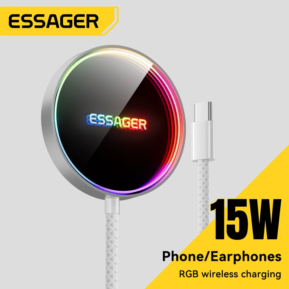 ESSAGER Magnetic Wireless Charger, RGB Fast Charging, Phone Charger for iPhone17 16, 15, 14, 13 Pro, Macsafe Phone Charging Dock