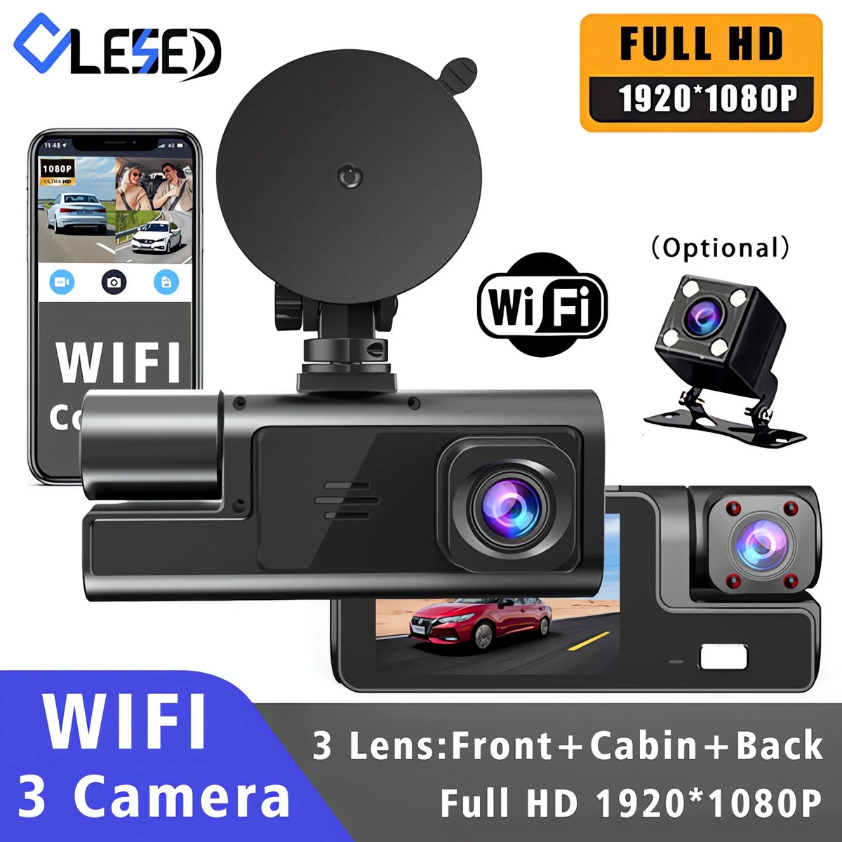 Car WiFi Dash Cam 3 Cameras FHD 1080P Video Recorder 3 Channel Front Rear View Night Vision Black Box DVR for Vehicle Safety
