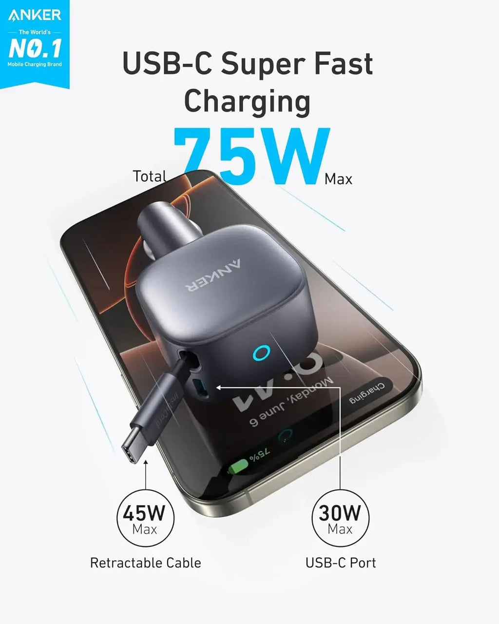 Anker USB-C Car Charger with Built-in Retractable USB-C Cable 75W Max Ultra-Compact Type-C Fast Car Charger for iPhone Series Car Mobile World