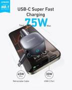 Anker USB-C Car Charger with Built-in Retractable USB-C Cable 75W Max Ultra-Compact Type-C Fast Car Charger for iPhone Series Car Mobile World