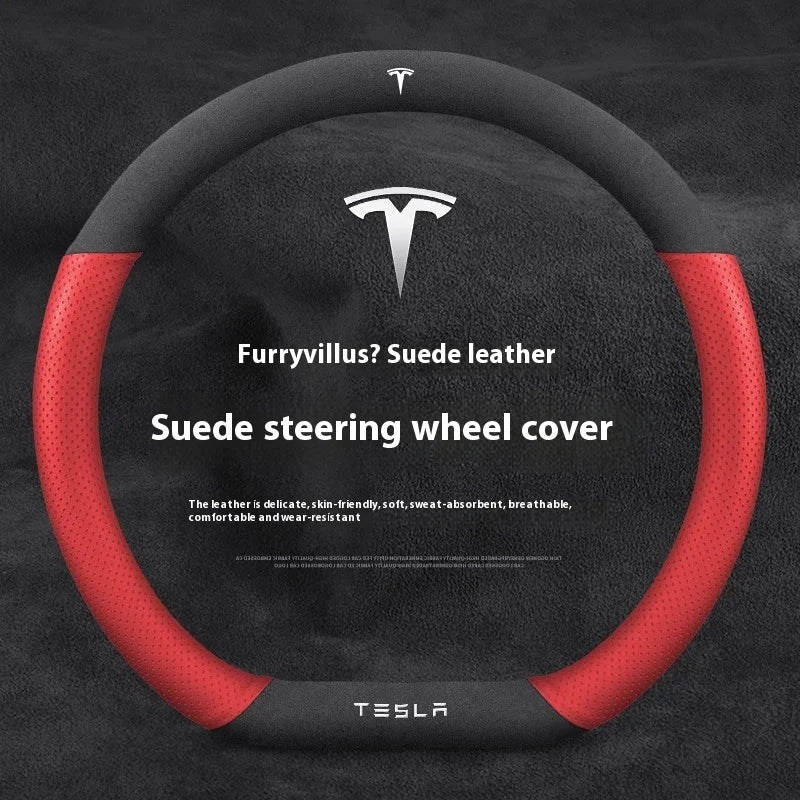 For Tesla Model 3 Model Y Model S Model X Roadster Suede Anti-slip Breathable Leather Car Steering Wheel Cover Auto Accessories CM World