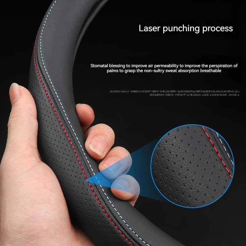 Full Leather Cover for All Seasons Auto Steering Wheel Cover Ultra-Thin Non-Slip Round Breathable Car Steering Wheel Protector CM World