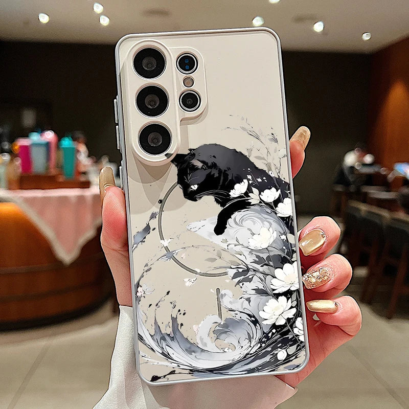 Magnetic Phone Case For Samsung Galaxy S26 S25 Ultra S24 S23 FE A17 A57 A56 A37 A16 A35 A55 A15 A36 A25 Black Cat Hard PC Cover
