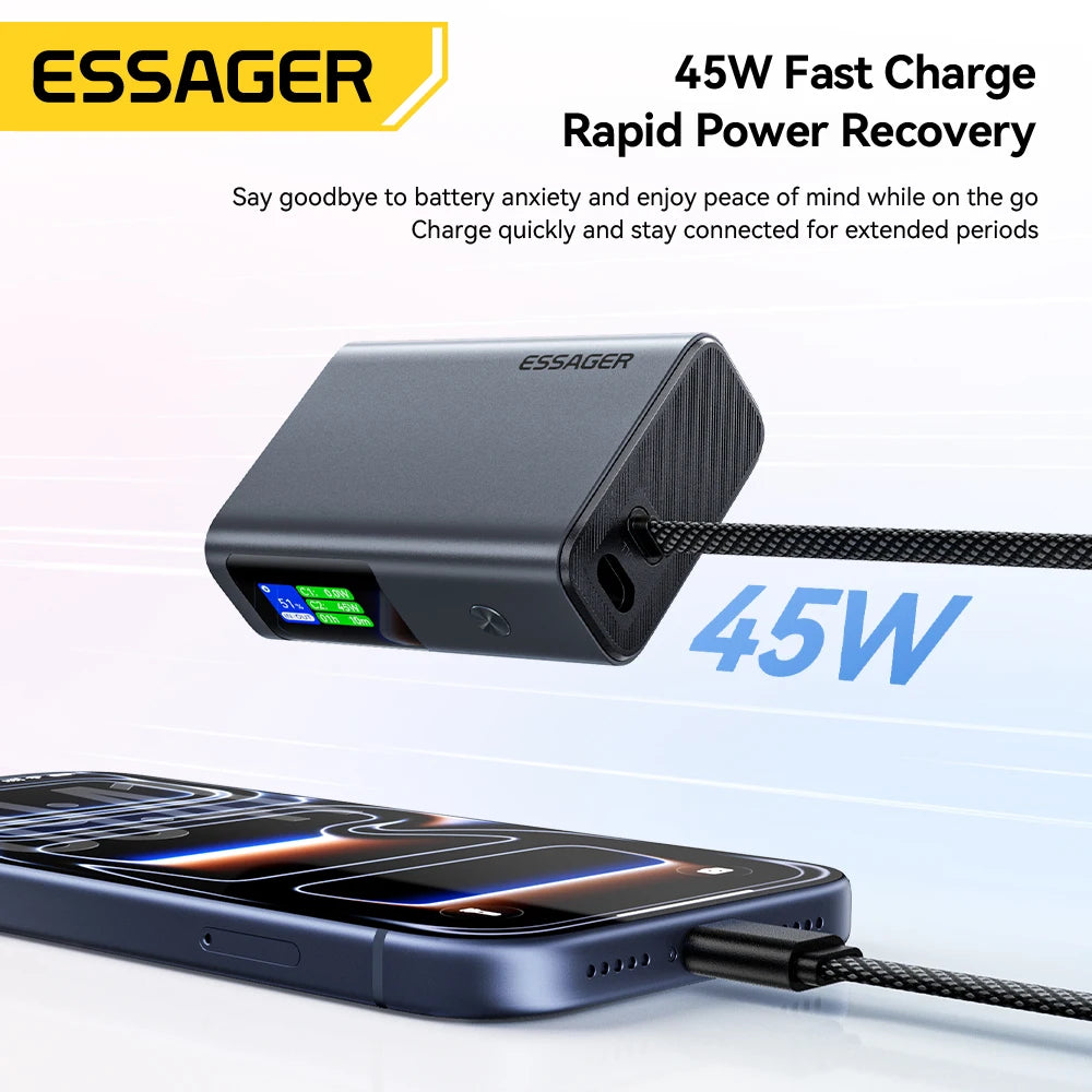 Essager 45W Power Bank 10000mAh Built-In USB-C Cable Portable Fast Charging External Battery for iPhone 17 16 15 Samsung S26 S25 Car Mobile World