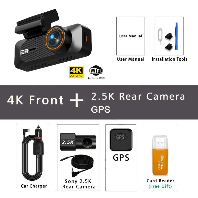 4K 2160P+2.5K 1440P ADAS Dual Lens Car Dash Cam WiFi Connect Front And Rear View Black Box 24H Parking Assistance for Vehicle