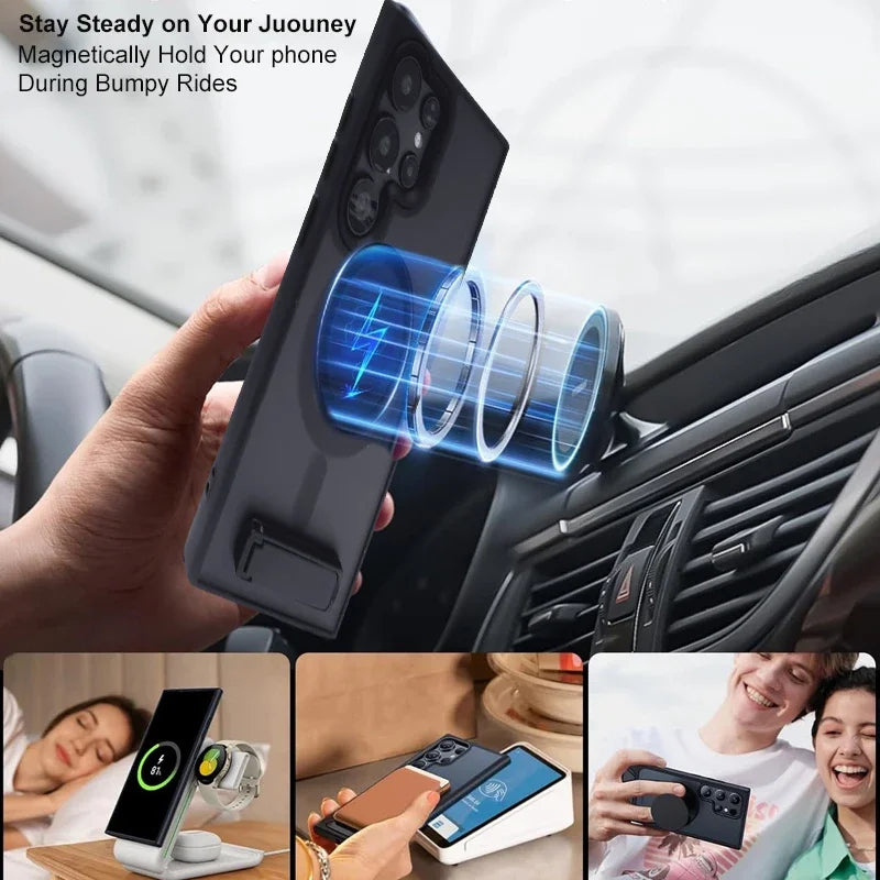 UYUXIO Magnetic Mobile Phone Case with Kickstand for Samsung Galaxy S26 S25 S24 S23 Ultra FE S22 Plus A16 A55 A56 Stand Cases Car Mobile World