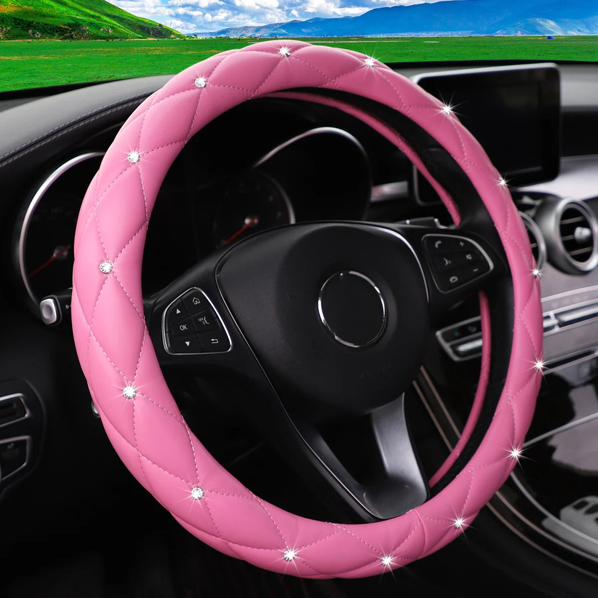 Soft leather embroidered stereo diamond-studded car steering wheel cover with inner ring fits 14.5-15 inches CM World