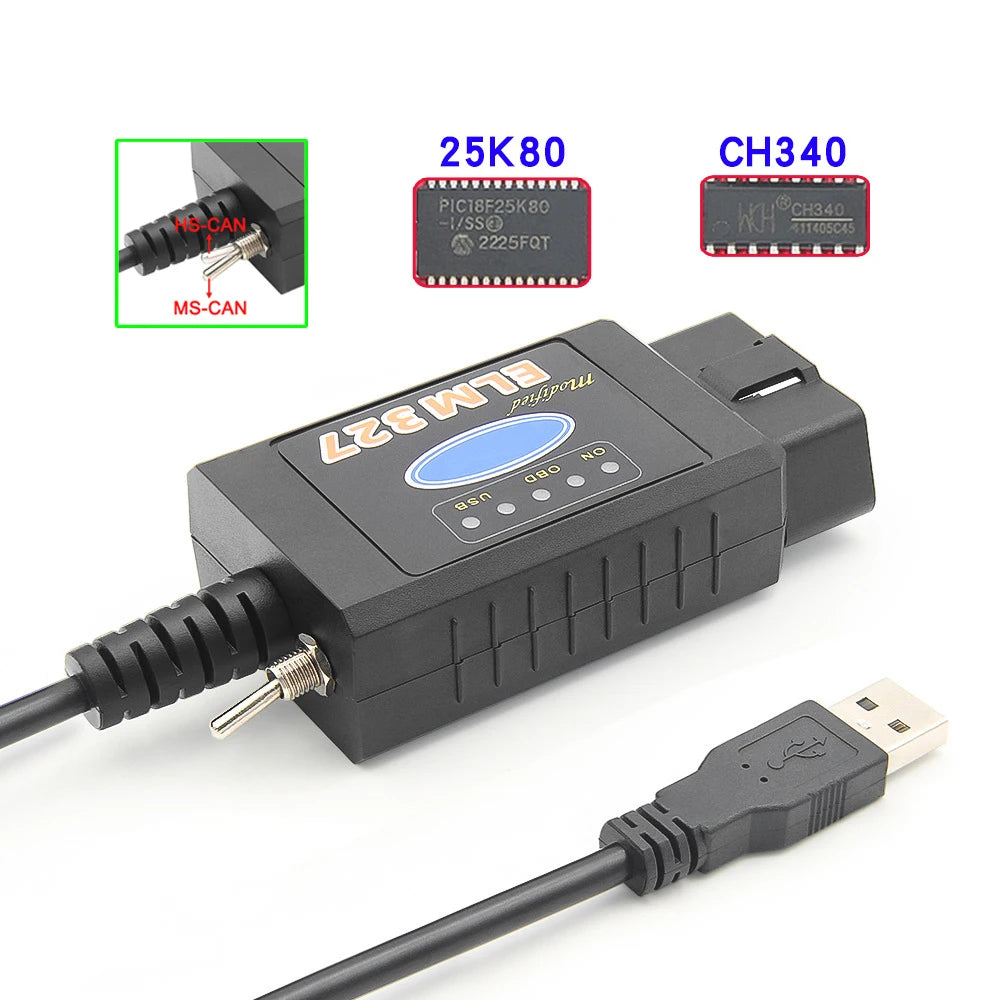 OBD2 ELM327 V1.5 USB Switch OBD Scanner for Focus ELM327 V1.5 PIC18F25K80 Modified Open Hidden for Ford Forscan HS-CAN/MS-CAN Car Mobile World