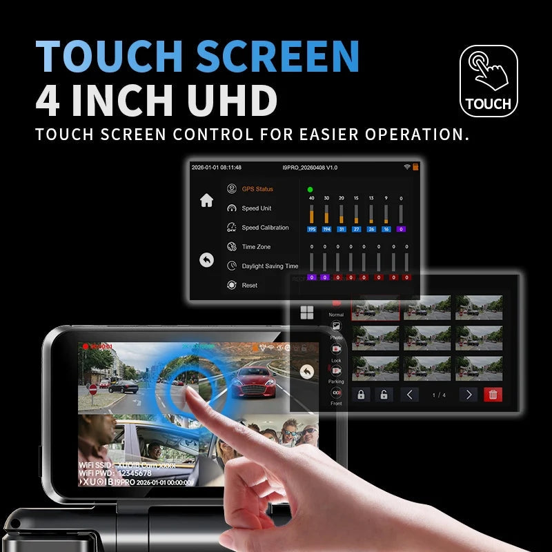XUOIB I9pro-WB 4CH 360° Dash Cam 4K with 4'' Touch Screen Dash Car Camera 24H Parking Mode WiFi GPS Car DVR 8 IR Night Vision Car Mobile World