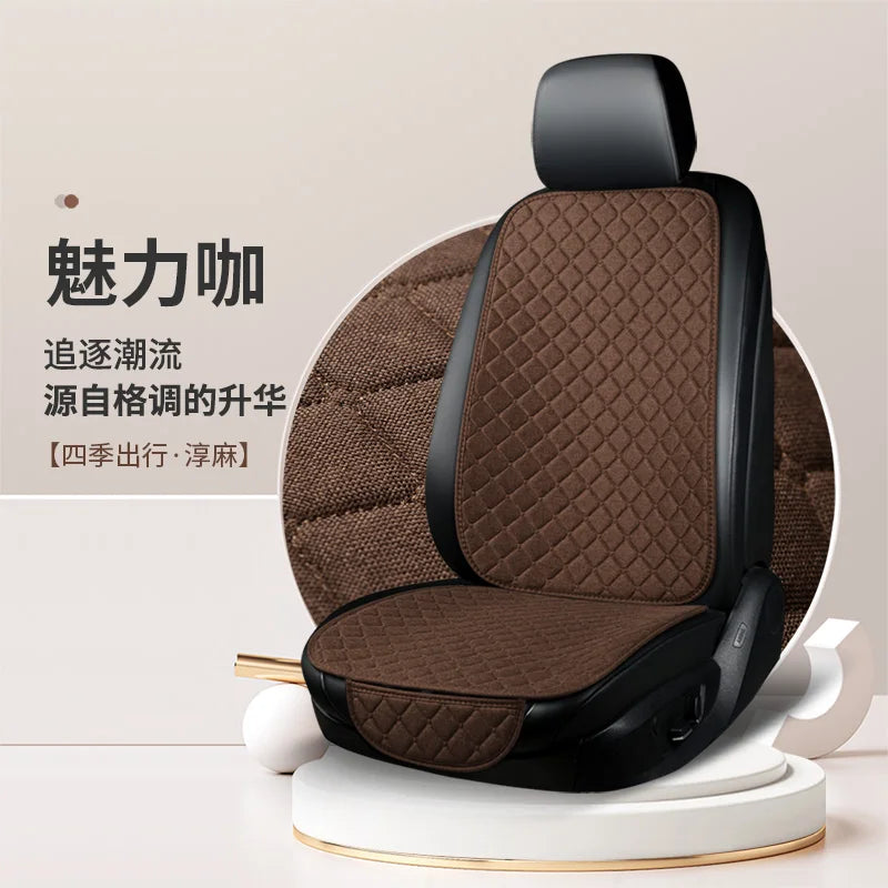 Universal Car Seat Cushion with Backrest Beige Linen Diamond Quilted Four Seasons Breathable Non-slip Auto Seat Cover Protector