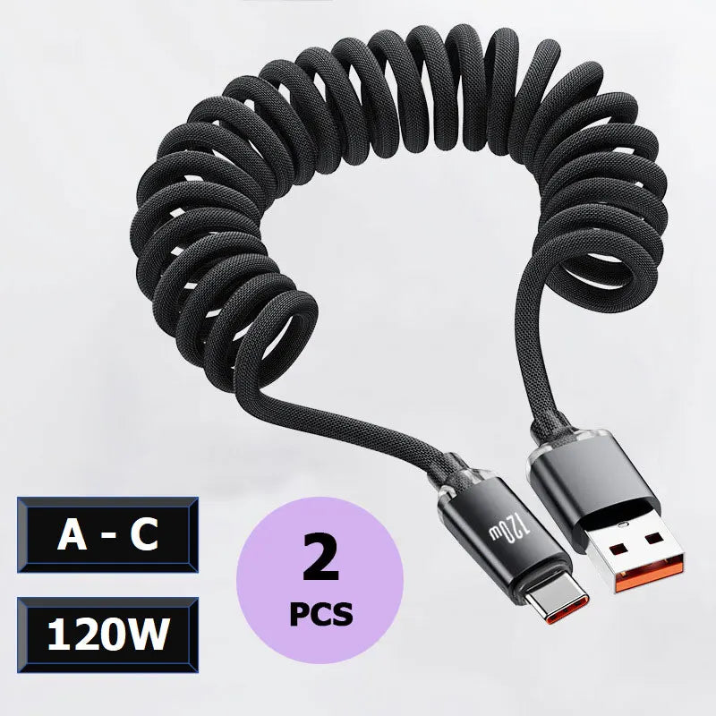 120W Spring USB Type C Cable Fast Charging For Huawei Xiaomi Mobile Phone Type C To USB C Cable For iPhone 15 16 Samsung Cable