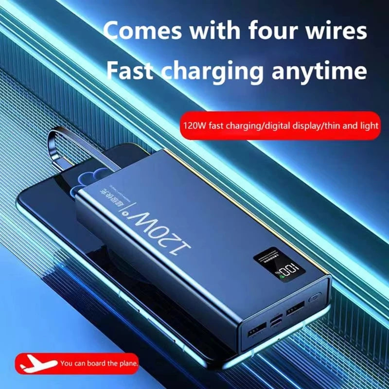 Lenovo 120W 500000mAh Power Bank Built in 4 Cables Large Capacity Fast Charging Portable External Battery for iPhone Samsung New