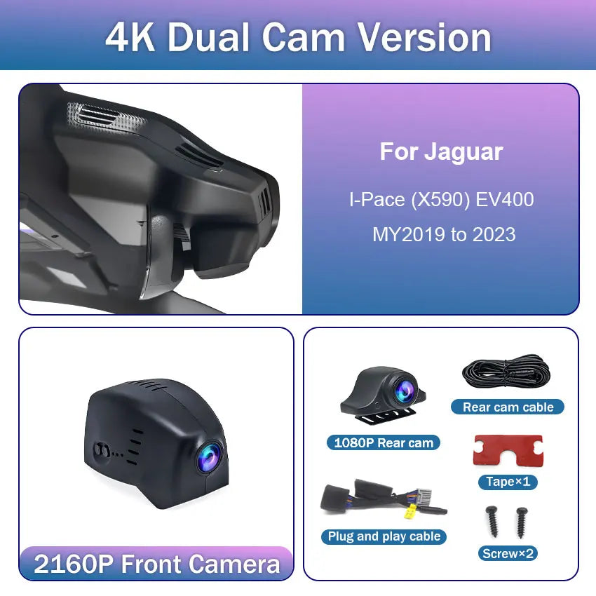 For Jaguar I-Pace (X590) EV400 2019 2020 2021 2022 2023, Invisible Wires OEM Style 4K 2160P Dash Cam Car DVR WIFI