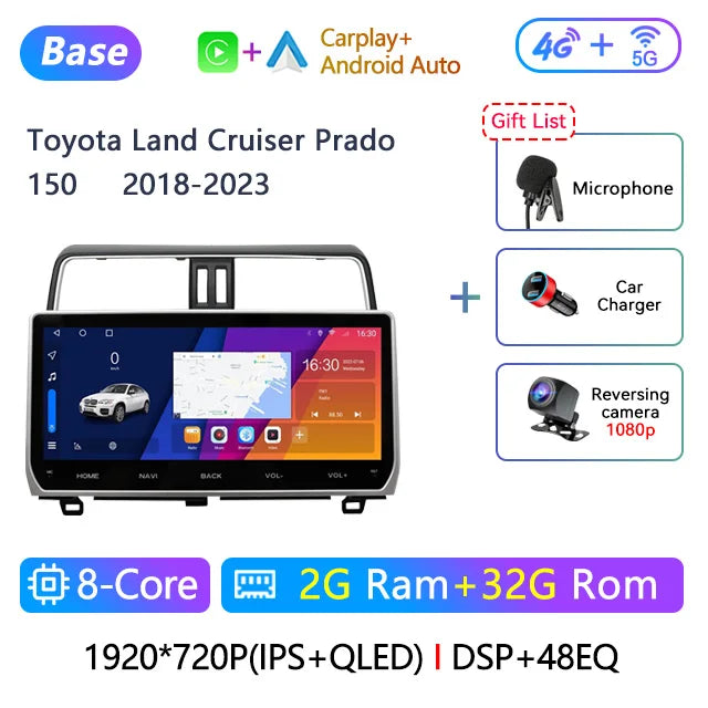 12.3" 2 Din Android Car Radio Multimedia DVD Player For Toyota Land Cruiser Prado 150 2018-2023 Navigation GPS Carplay Head Unit CM World
