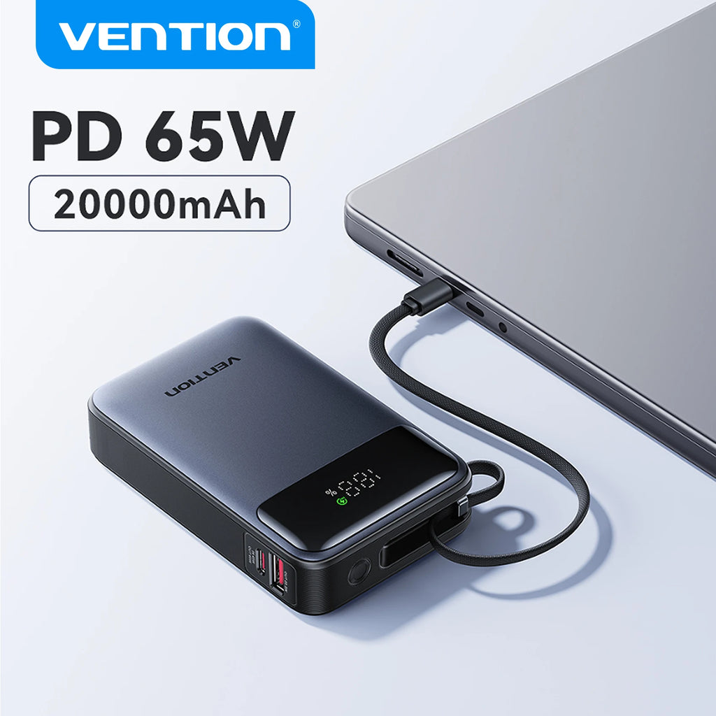 Vention 65W Power Bank 20000mAh Built-in USB-C Cable Portable Powerbank for Laptop PD Fast Charger for iPhone 17 Samsung S25 S24 Car Mobile World