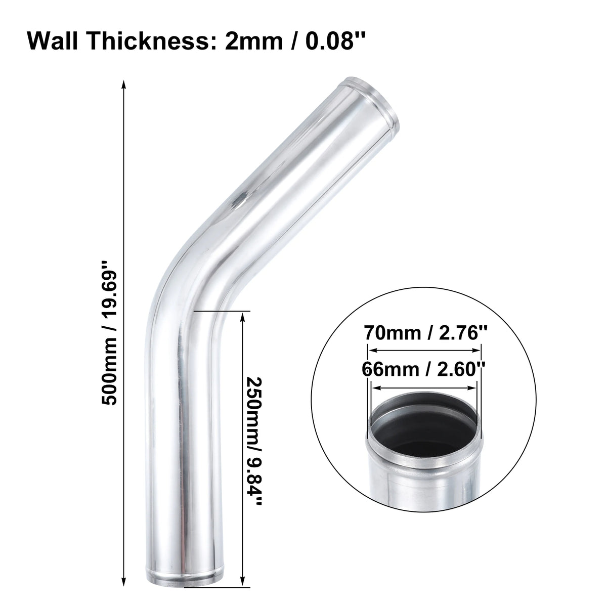 Uxcell Aluminum Alloy Tube OD 51/57/63/70/76mm Intercooler Pipe Air Intake Tube Hose 0 45 Degrees 500mm Length for Car
