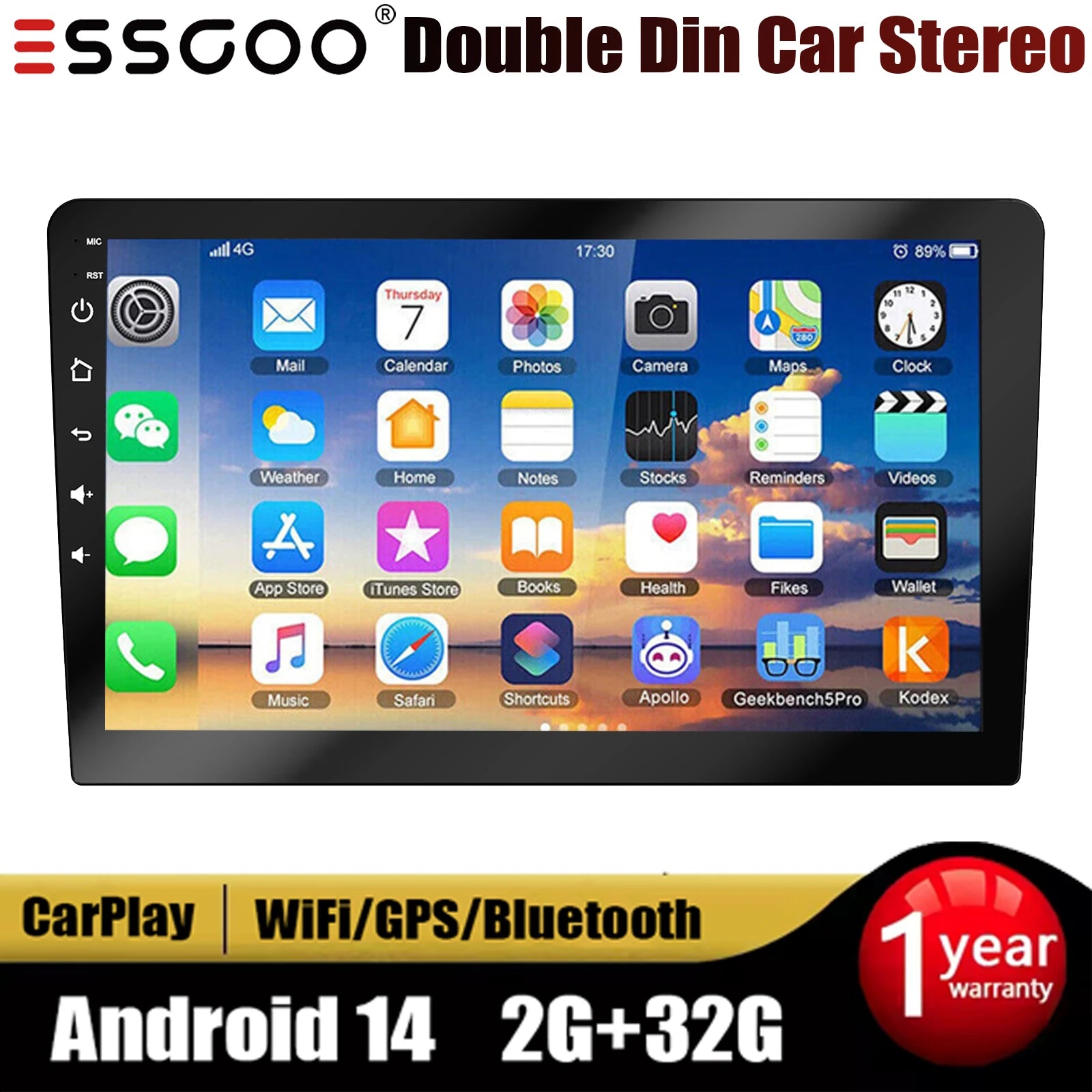 ESSGOO 10.1" Android 14 Carplay Car GPS Radio Stereo Double 2Din Head Unit FM SWC Bluetooth 4+64GB IPS Split Touch Screen WiFi CM World