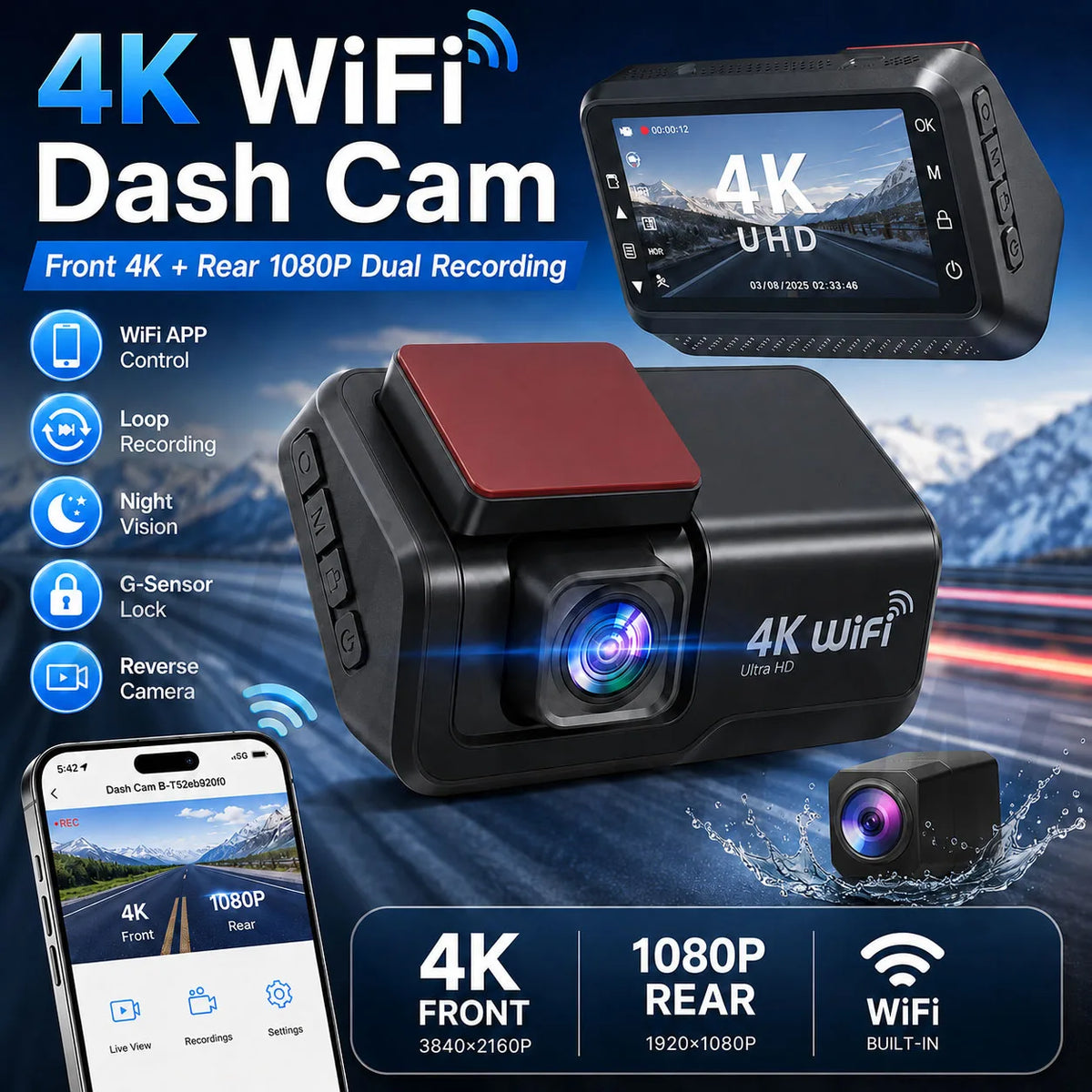 4K UHD Dash Cam WiFi Car Recording DVR Front and Rear Dual Lens Auto Car Camera with Night Vision Rearview Camera Loop Recording