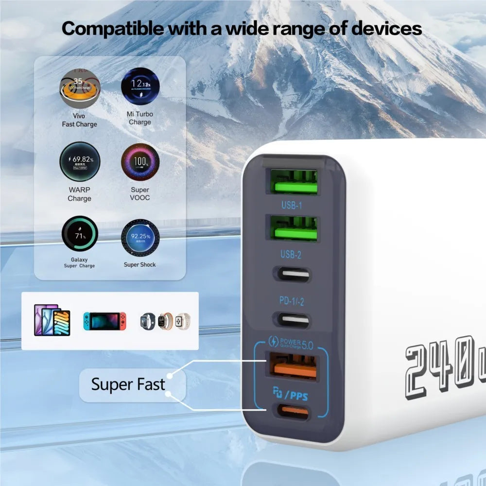 6 Ports USB C PD Charger 240W Quick Charge 3.0 Type C USB Phone Chargers Super Fast Charging Adapter For iPhone Samsung Xiaomi Car Mobile World