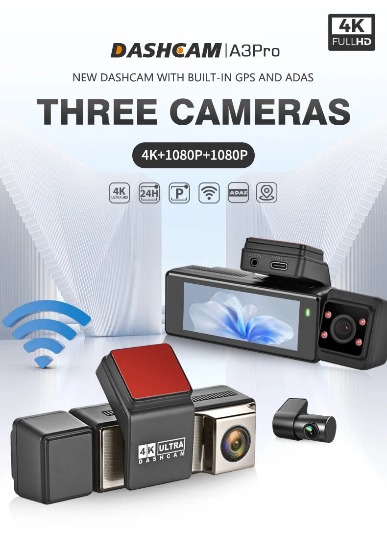 DT-NAVI  New 4K A3 Pro Cam 3 Channel Dash Cam Front 4K+Rear 1080P+Interior 1080P GPS WiFi 24H Parking Monitor Supercapacitor Car Mobile World