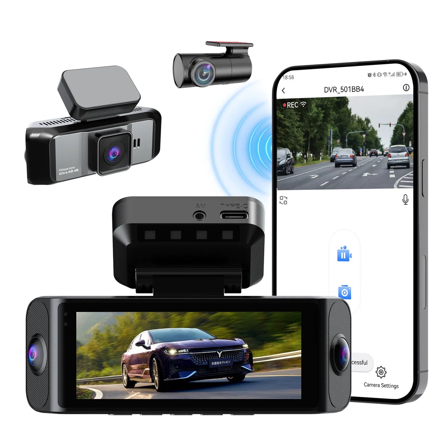4K UHD 4 Channel Car DVR Dash Cam Quad Lens All Round View 3.39" Screen Built-in WiFi GPS Auto Loop Recording Driving Recorder Car Mobile World
