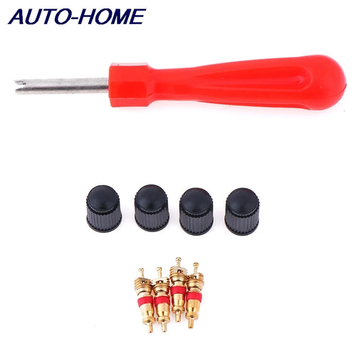 1 Set Tire Valve Service Kit 4 Valve Cores 4 Valve Caps 1 Valve Stem Screwdriver Tire Repair Tool for Car Motorcycle Bus Truck