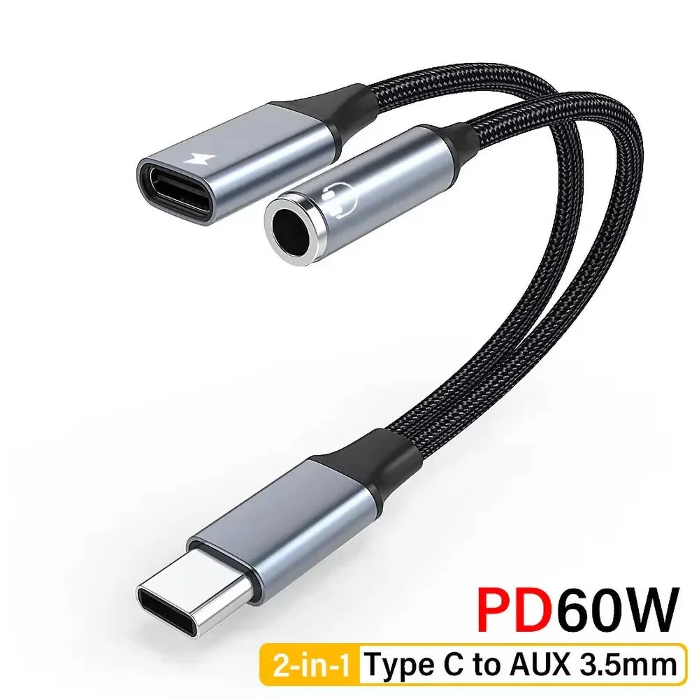 2 In 1 USB C To 3.5mm Headphone And Charger Adapter USB C PD 3.0 Port To Aux Audio Jack With PD Fast Charging Dongle Cable Cord Car Mobile World