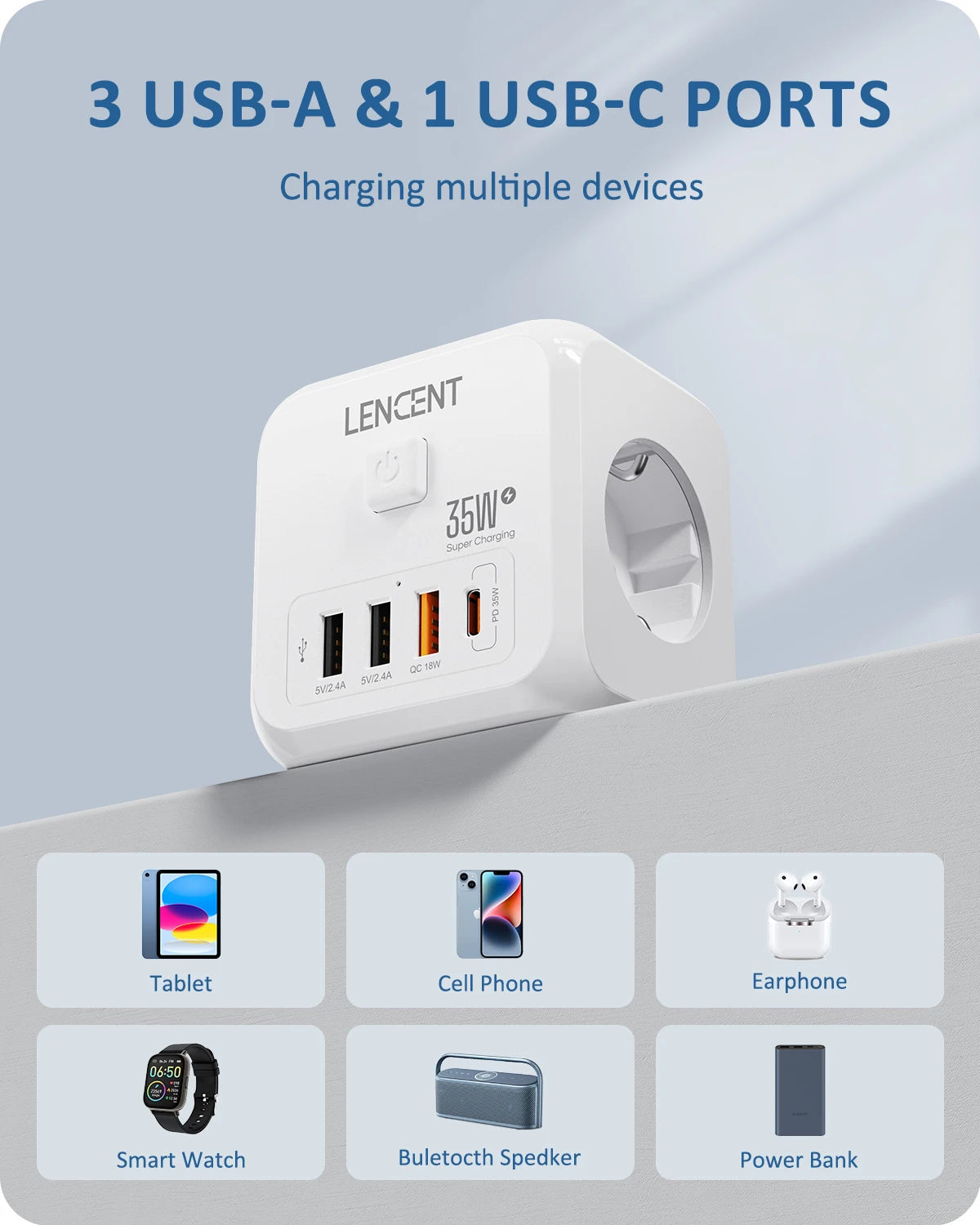 LENCENT EU Plug Power Strip Wall Socket with 3 AC+3 USB QC 18W +1 Type C PD 35W Fast Charger Adapter 7-in-1 Socket On/Off Switch Car Mobile World