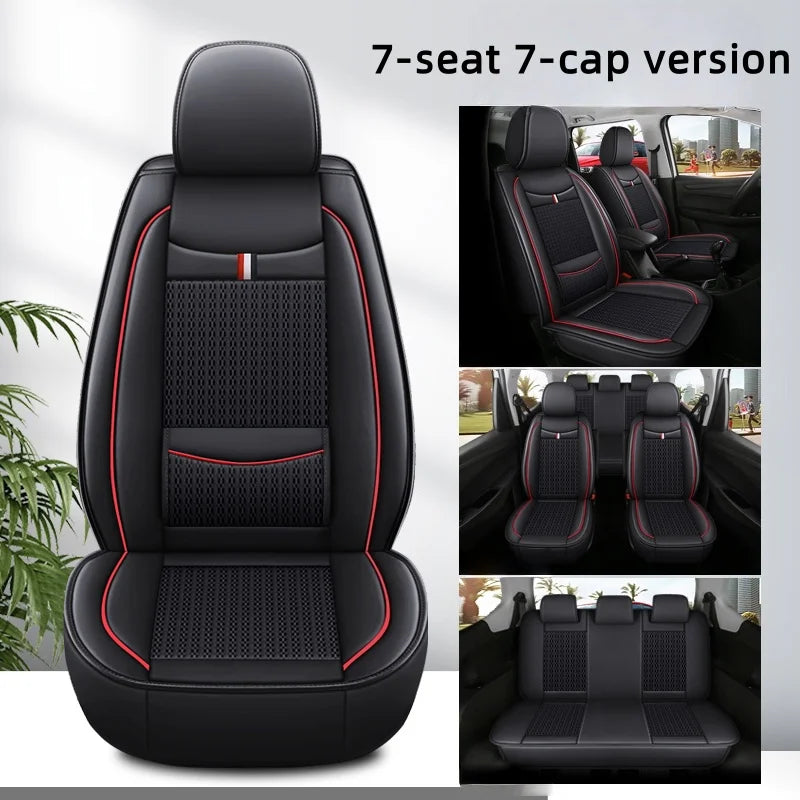 7-Seater, Luxurious Ice Silk/PU Leather Car Seat Cover, Suitable for All Seasons, High-End Car Interior Package, Suitable for Various MPV 7-Seater Seven Head Hat Styles, Comfortable, Breathable and Wear-Resistant, Enhancing Y