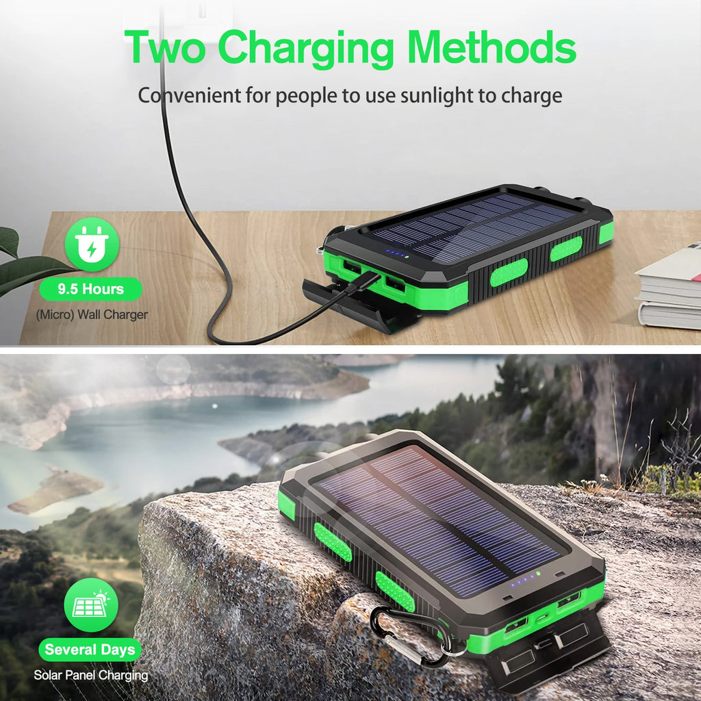 30000mAh Portable Solar Power Bank External Battery Waterproof Dual 5V 1A USB Ports LED Flashlight for iPhone Samsung Tablets Car Mobile World
