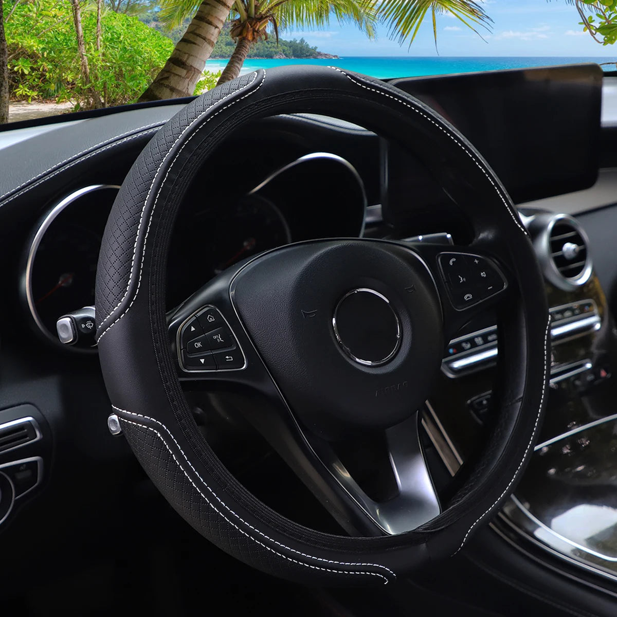 PU Leather Embossed Steering Wheel Cover 14.5-15 Inch round Rimless Design for All Seasons Men Women Cars CM World