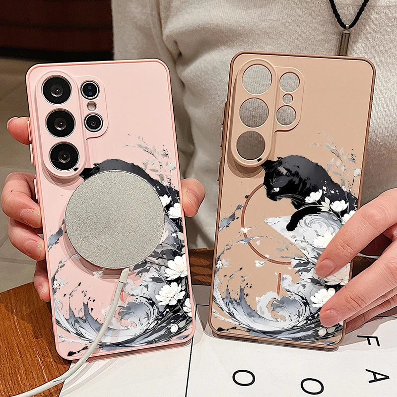 Magnetic Phone Case For Samsung Galaxy S26 S25 Ultra S24 S23 FE A17 A57 A56 A37 A16 A35 A55 A15 A36 A25 Black Cat Hard PC Cover